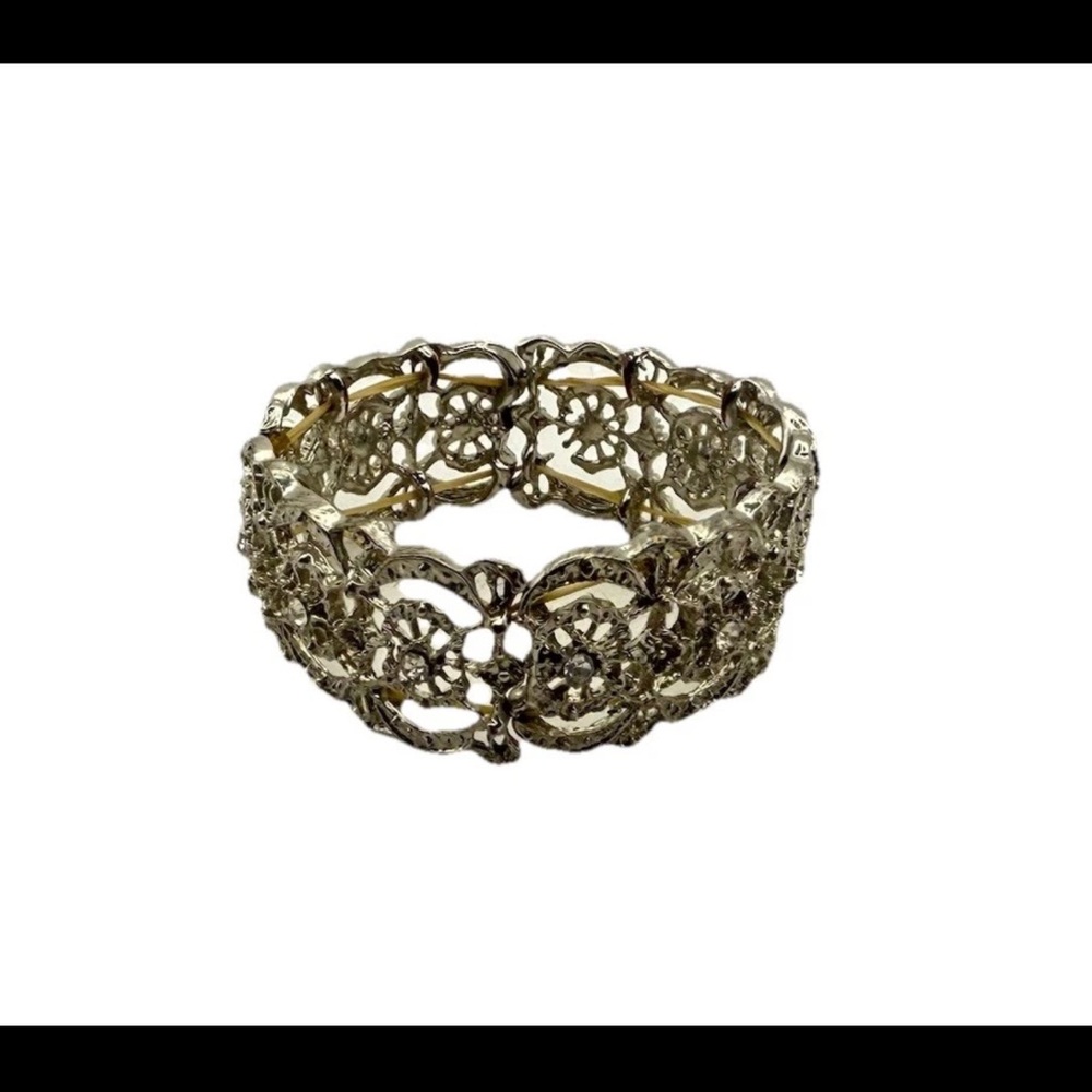 Silver Toned Stretch Bracelet Filigree Design With Faux Rhinestones/Diamonds